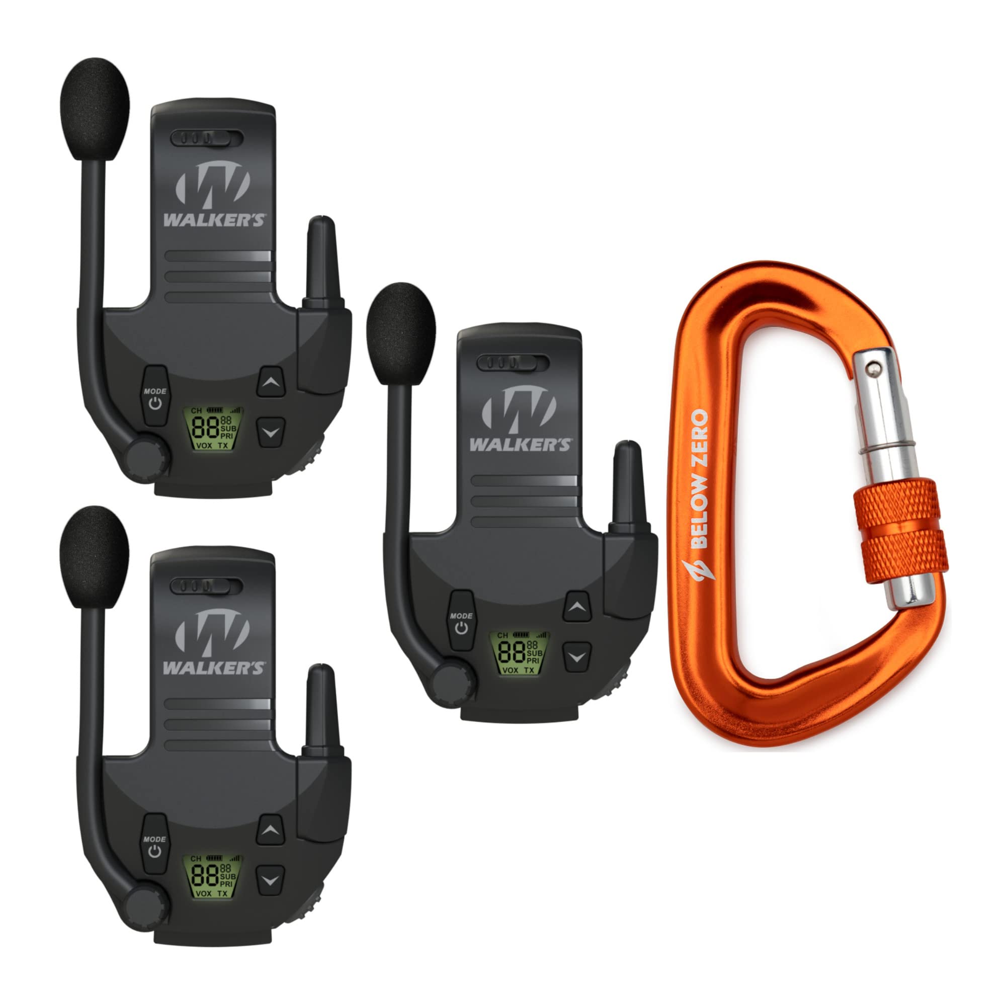 Walker'sTactical/Hunting 2-Mile Range Walkie Talkie for Razor Muffs (3-Pack) Bundle with Heavy-Duty Carabiner (4 Items)