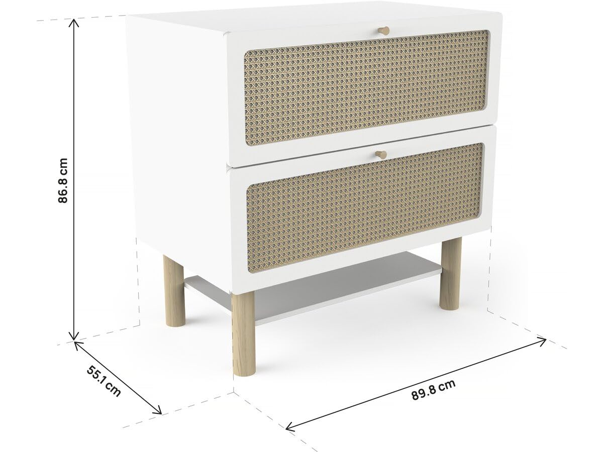 Commode Bébé 2 Tiroirs Convertible en Commode A Langer – Gamme OCHNA - Coloris Blanc Mat & Bois Hévéa - 90 x 87 x 55 cm