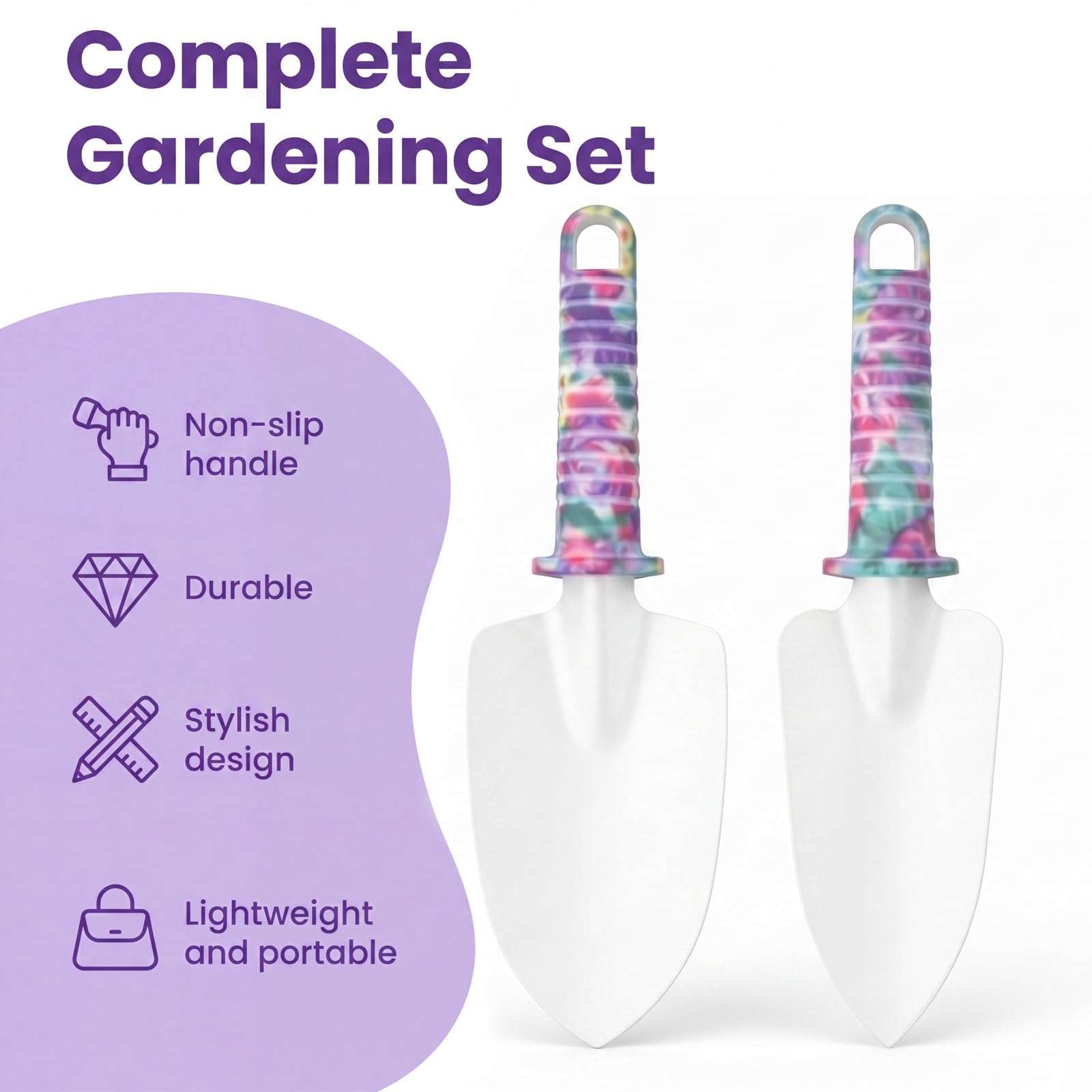 Outils Jardinage, Kit 10 Pièces avec Mallette, Motif Violet