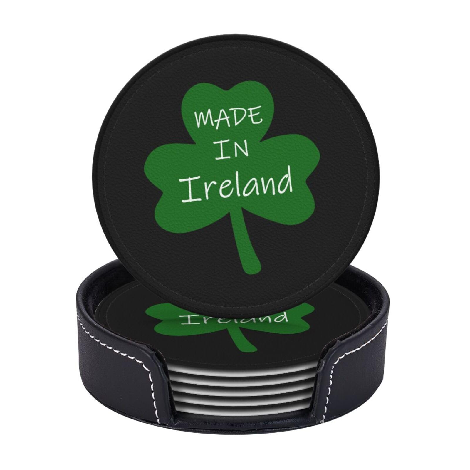 6 Pack Ireland Coaster for Drinks with Holder Holiday Leather Waterproof Non Slip Coasters for Kitchen Dining Coffee Bar Wooden Table Decor Round