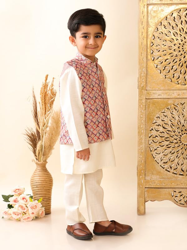 Image of superminis Boys Cotton Printed Full Sleeves Kurta Pyjama with Jacket Ethnic Wear Set