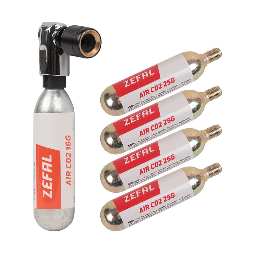 ZEFAL Pack EZ Big Shot y 4 Cartuchos de CO2 de 25g - Inflador CO2 Bicicleta y 5 Cartuchos CO2 de Rosca Universal - Bomba de CO2 MTB y Carretera - Presta, Schrader y Dunlop - Compacta, Ligera y Rápida