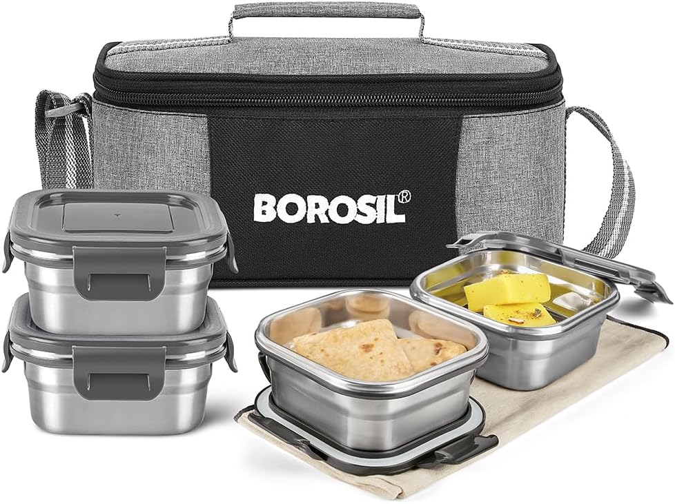 Borosil Feast Stainless Steel Lunch Box with Bag | Set of 4 (400 ml Each), Square | Tiffin Box for Office, School & College