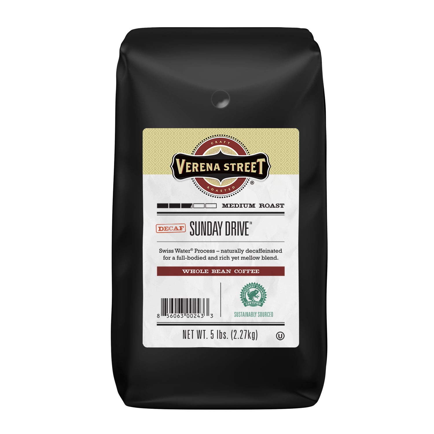 Verena Street 5 Pound Whole Bean, Swiss Water Process Decaf Beans, Sunday Drive Decaffeinated, Medium Roast Rainforest Alliance Certified Arabica Coffee