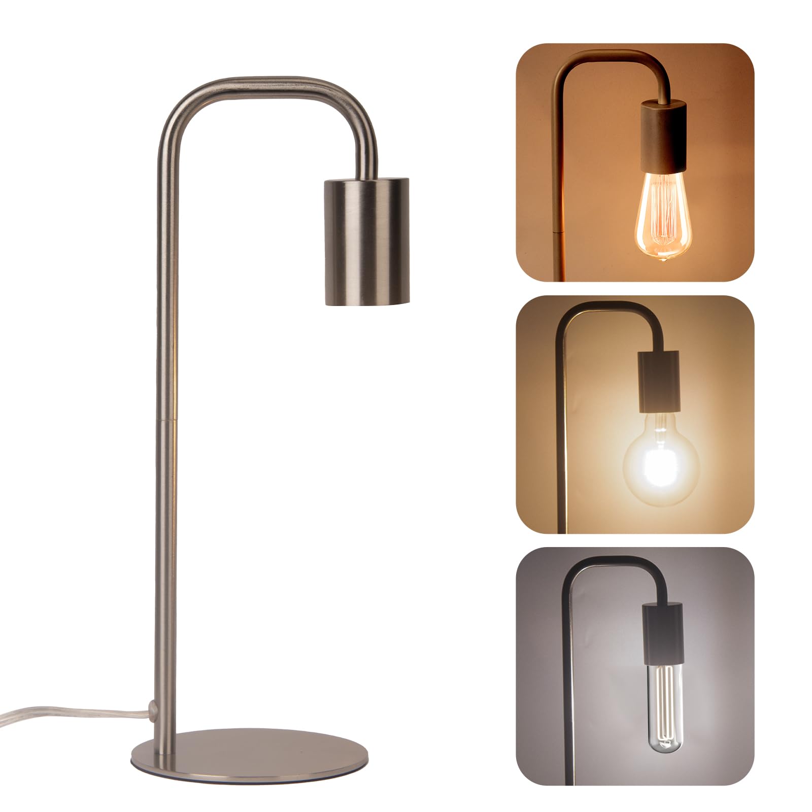 JCPYIUL Simple lámpara de mesa de hierro dormitorio de,Lampara mesilla de noche,Diseño metálico,Interruptor pulsador,Lampara de noche dormitorio para Sala de estar, dormitorio, Oficina-(Plata)