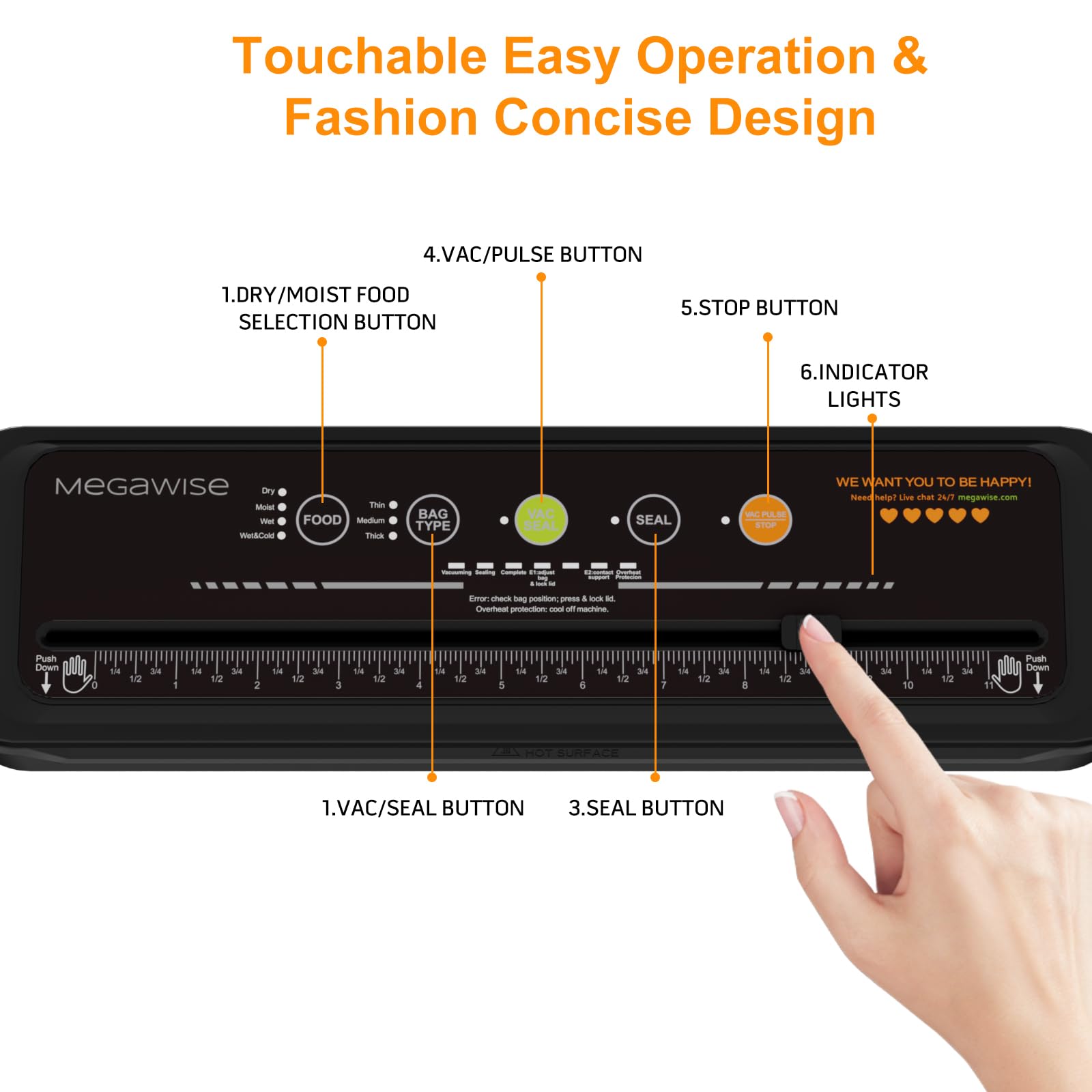 Sigillatrice sottovuoto MegaWise – Modello 2025, aspirazione 80 kPa, sigillatura One-Touch, taglierina integrata, design compatto, sacchetti inclusi (nero)