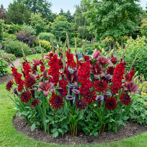 FLORIUM 5 Sommerblumen zwiebeln Red Flame Mix (25 blumenzwiebeln) Gladiolen, Dahlien, Freesien, Lilien | Exklusive Mischung aus Holland | Mehrjährig Pflanzen für Garten, Töpfe (große Knollen)