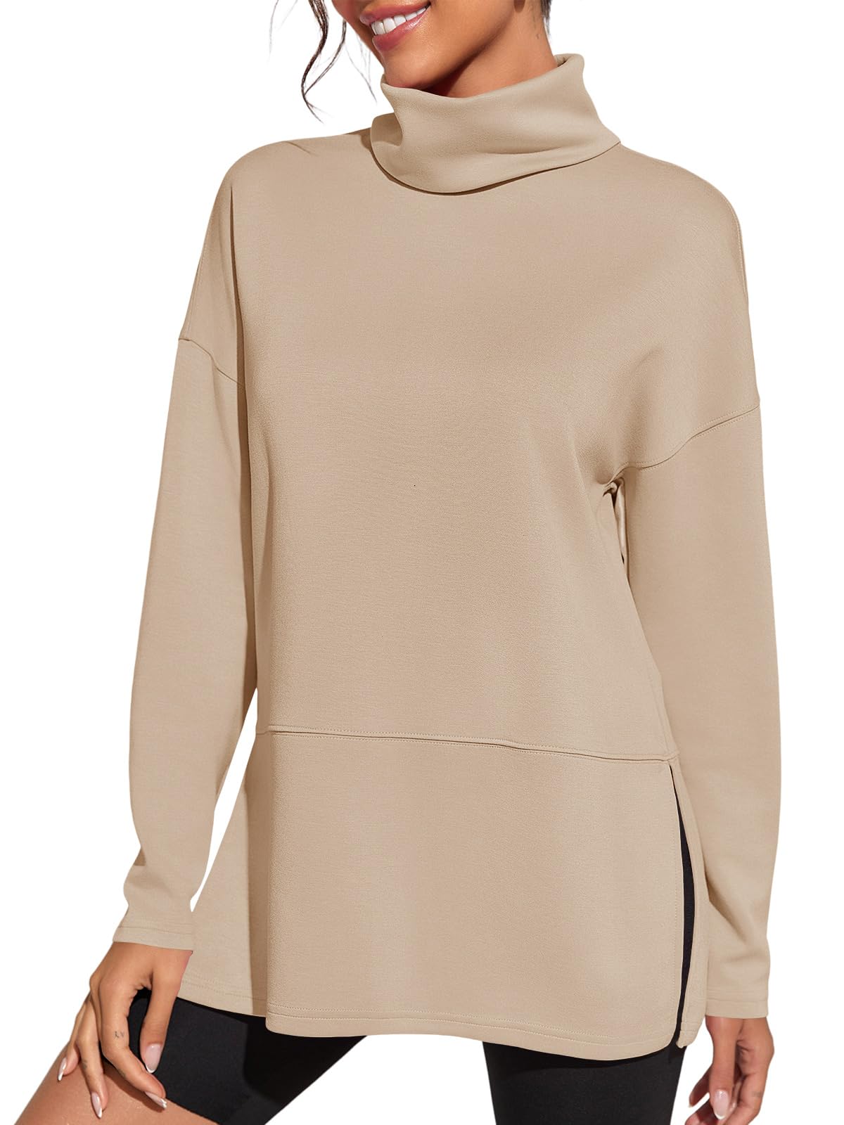 fisoew Women's Turtleneck Oversized Sweatshirt Casual Long Sleeve Loose Side Slit Pullovers Tunic Tops-picture-33