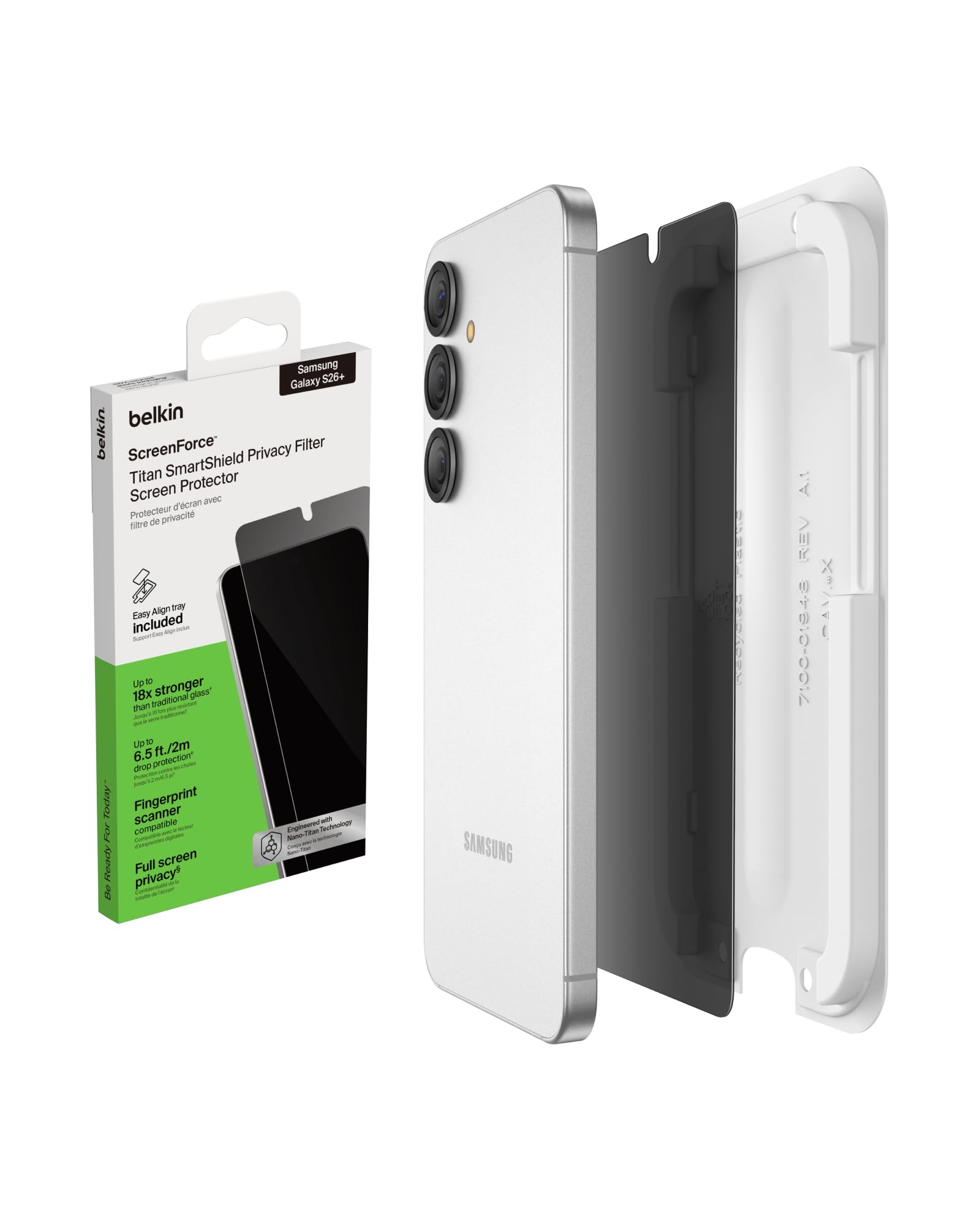 Belkin ScreenForce Titan SmartShield Schutzfolie mit Sichtschutz für Samsung Galaxy S26+, Kratzfest, Stoßfest, Anti-Fingerprint Folie, Ultradünn, Positionierungsschale zur Blasenfreien Anbringung