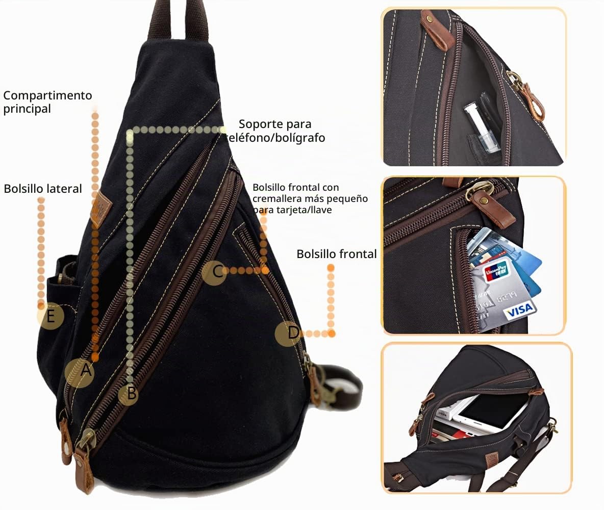 Bolso Bandolera de Lona Convertible, Bolso de Pecho, Mochila de Hombro, Mochila Casual para Hombre y Mujer, para Ciclismo al Aire Libre, Senderismo y Viaje (Negro)