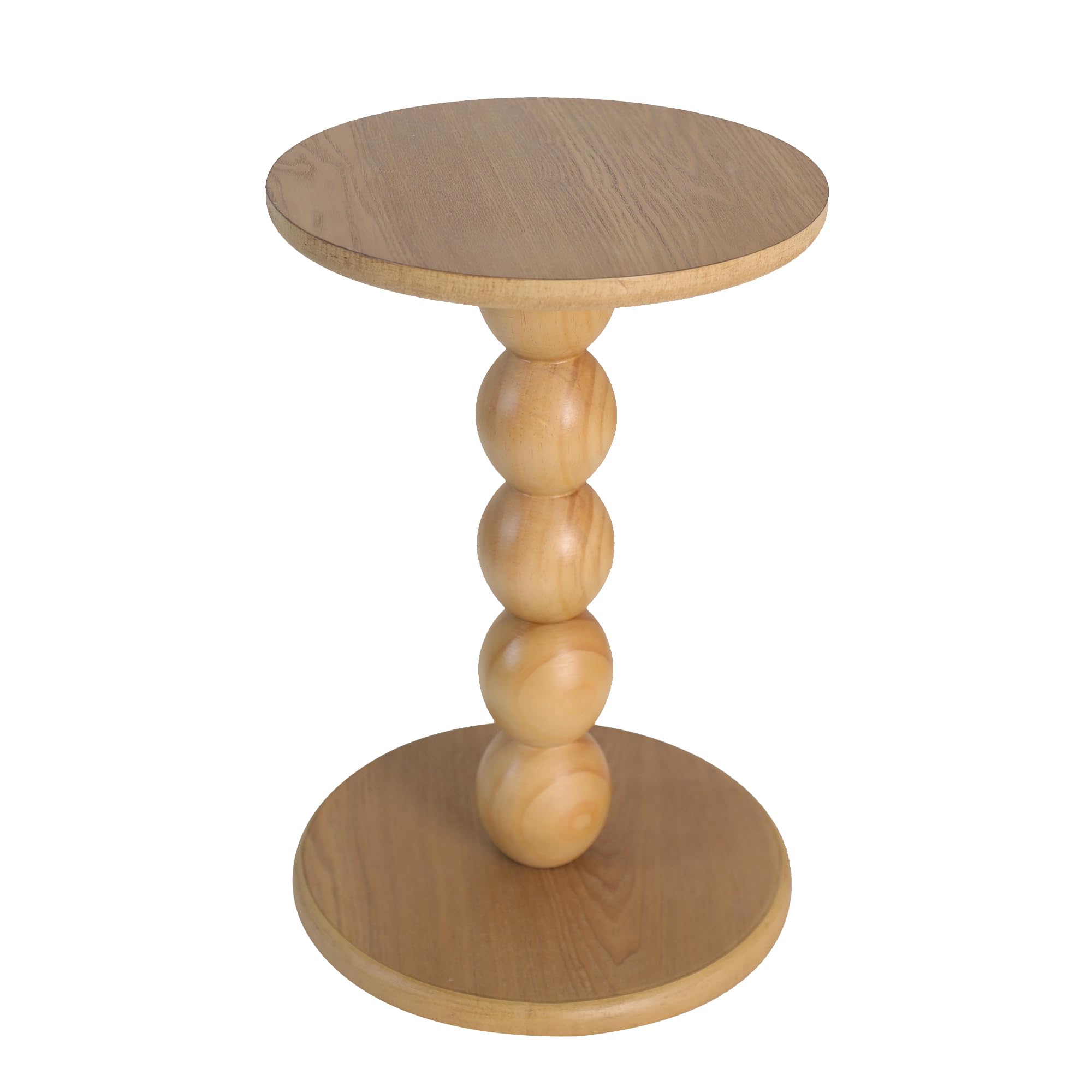 Round Wooden Side Table with Stacked Ball Pedestal Base, Accent Nightstand for Living Room, Bedroom, Corners (Natural)