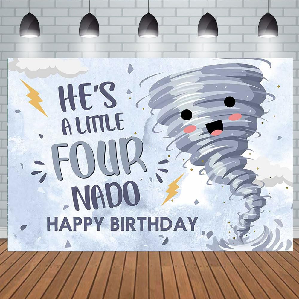 Aperturee 5x3ft Happy 4th Birthday Backdrop Tornado Theme He is a Little Four Nado Happy Birthday Party Decorations Photography Background for Kids