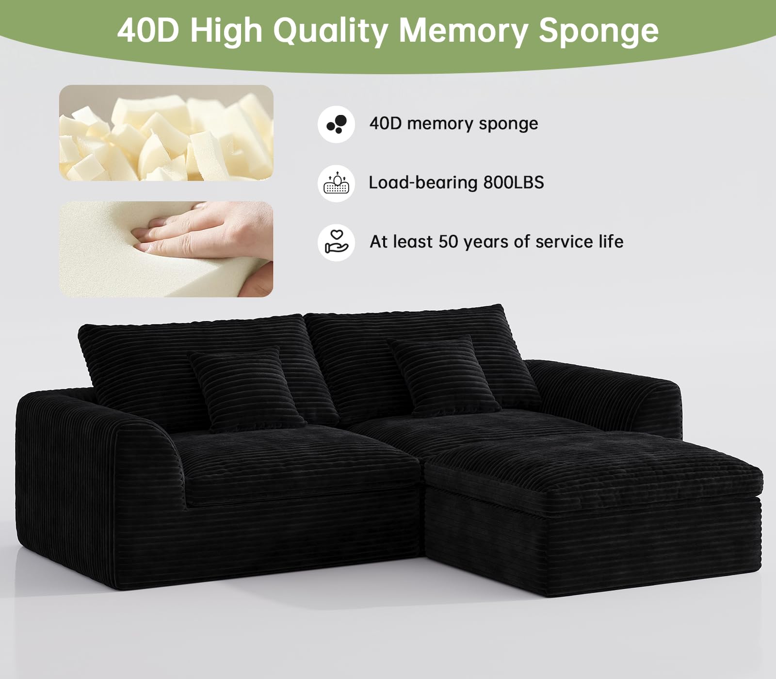 Boneless Couch 91" Cloud Sofa 3-Seater Sectional Couches for Living Room, L-Shape Sofa with Ottoman, Comfy Flannel Fabric Oversized Loveseat Recliner Lounge Chaise with 2 Throw Pillow (Black)