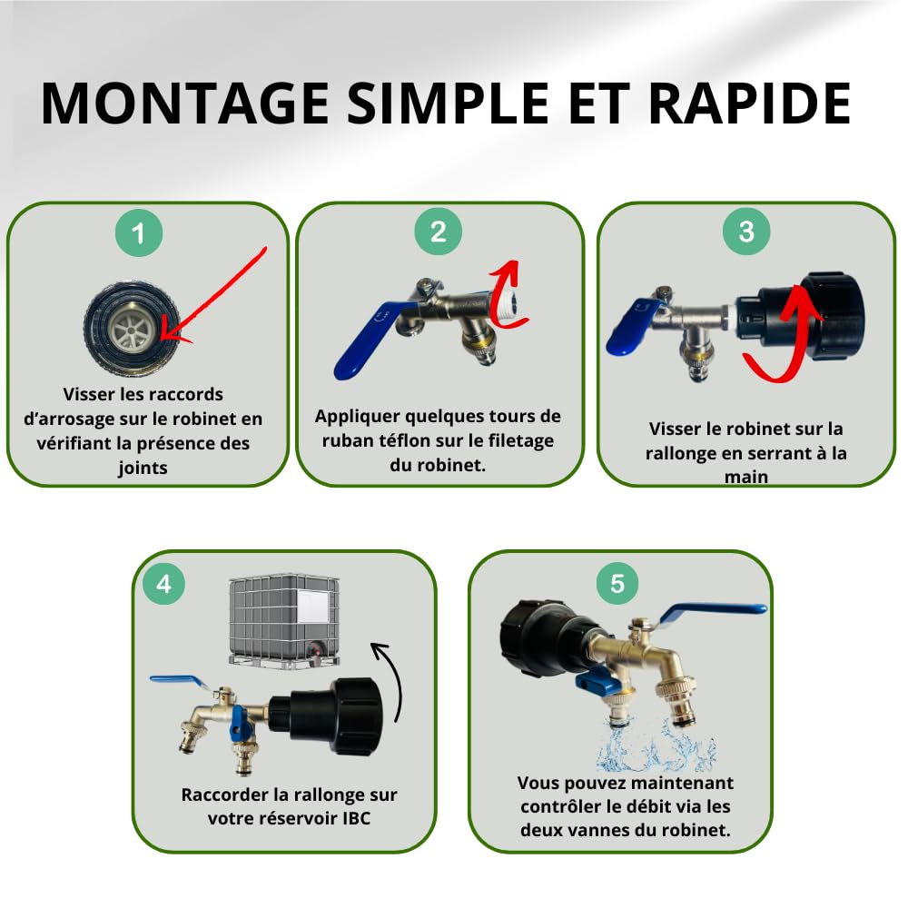 Robinet Cuve 1000L 1/2 S60X6 IBC- Extension Intégrée, raccord cuve 1000 litres, Double Sortie avec Rallonge Raccord Rapide & Étanche – Idéal pour Jardinage, Remplissage et Arrosage simultané