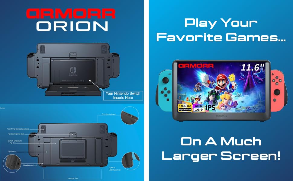 Image of GAMERSBOX Family Travel Gaming Bundle: Console Hard Shell Protective Case with 21.5 inch Portable Monitor & Orion 11.6 inch Portable Monitor Compatible with Nintendo Switch /Switch OLED, and Other HDMI