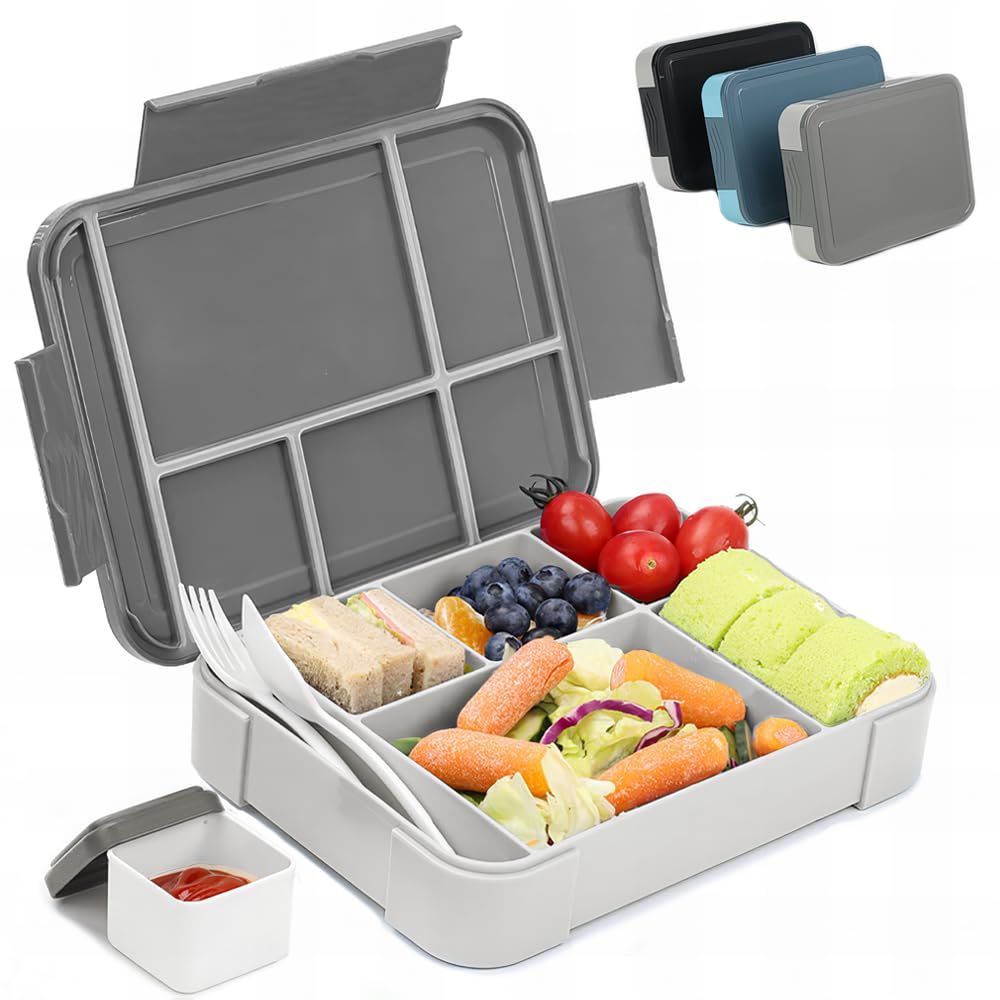 Bugucat Bento Lunch Box 1330ML,Kids Lunch Box Bento Boxes with 6 Compartments Cutlery,Leak Proof Snack Boxes for Kids Adult, Lunchbox with Compartments for School Kindergarten Grey