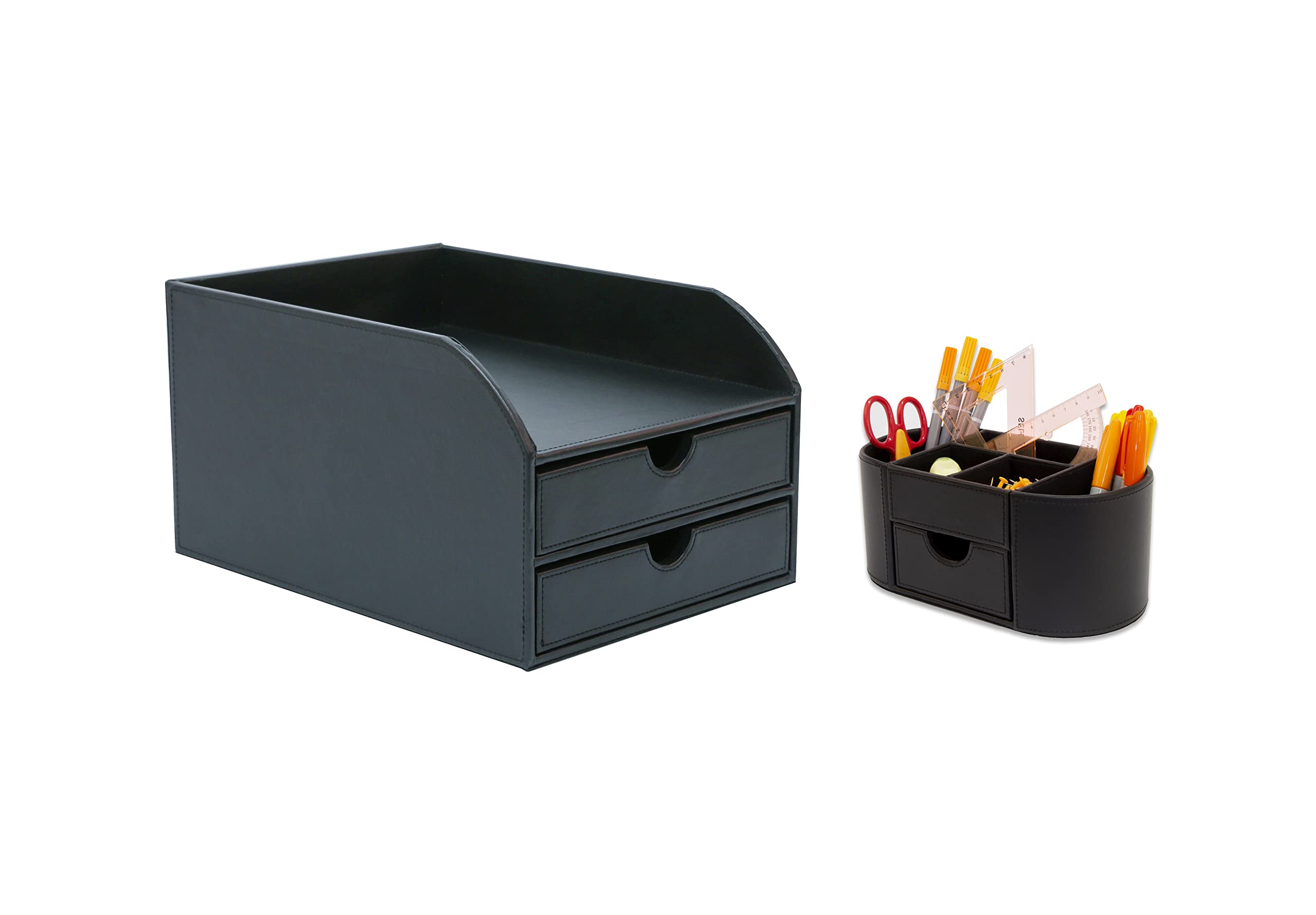 Osco Faux Leather Office Set - Black (SET08) - 2 Drawer Papersorter and Desk Organiser