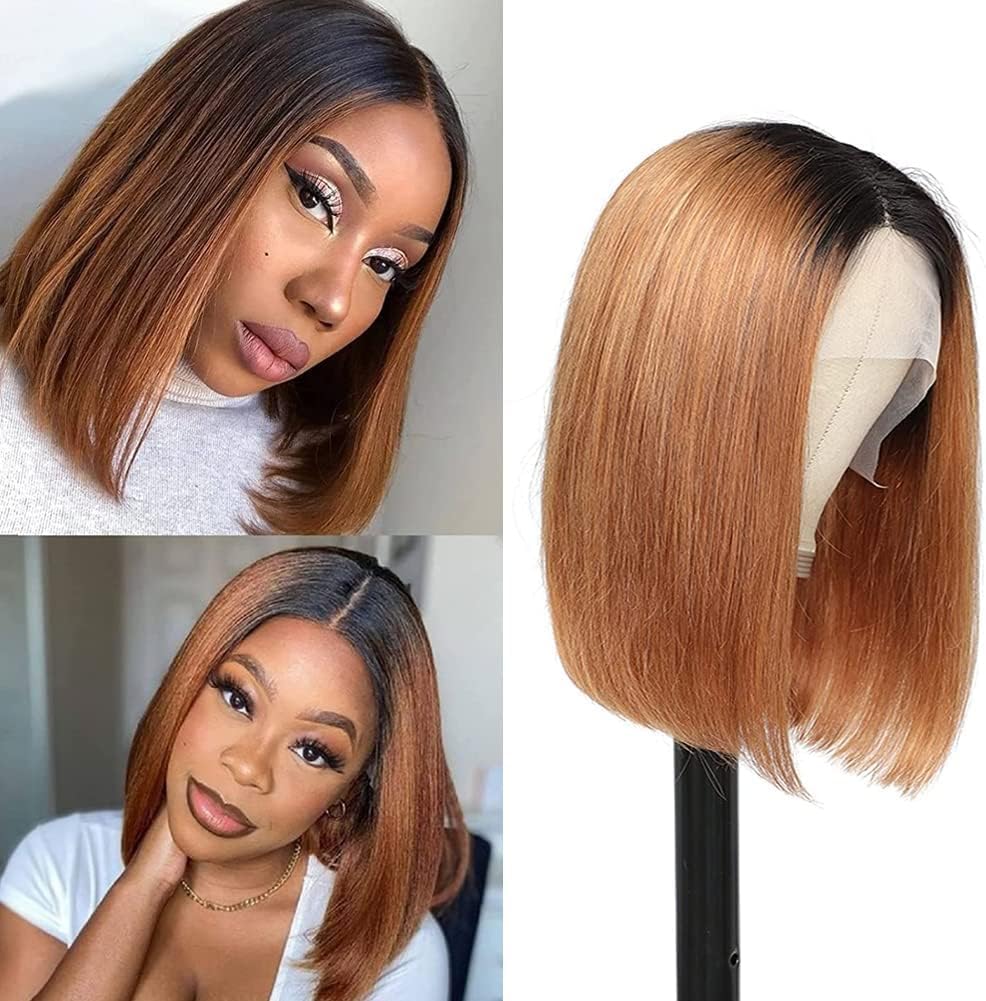 Short Bob Wig Ombre Brown Bob Synthetic fiber Wig Lace Front Wig for Black Women T Part Lace Frontal Wig Synthetic Hair Glueless 150% Density (Brown, 10 Inch (Pack of 1))