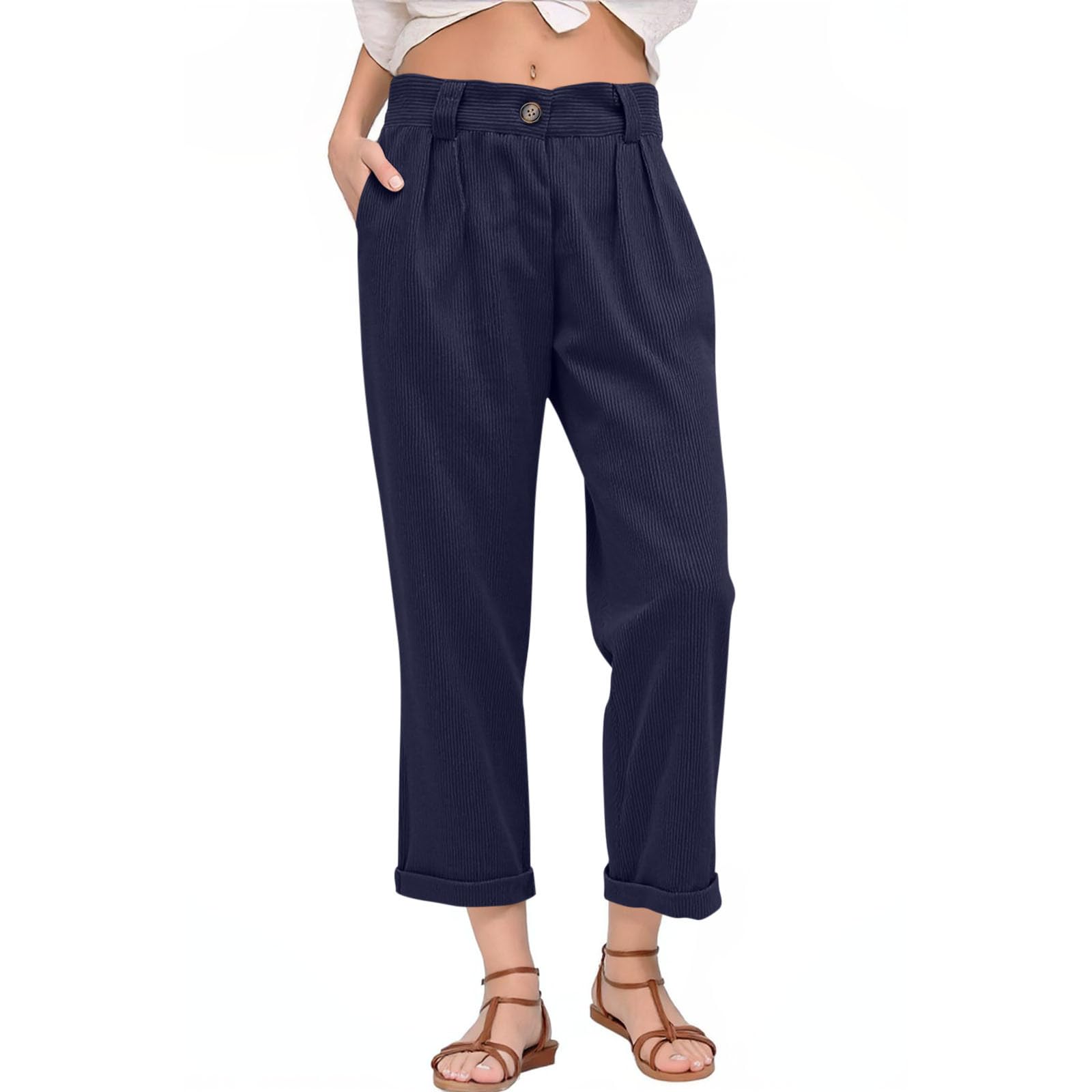Womens Corduroy Pants High Waist Straight Leg Loose Fit Baggy Barrel Pants Business Casual Trousers with Pockets