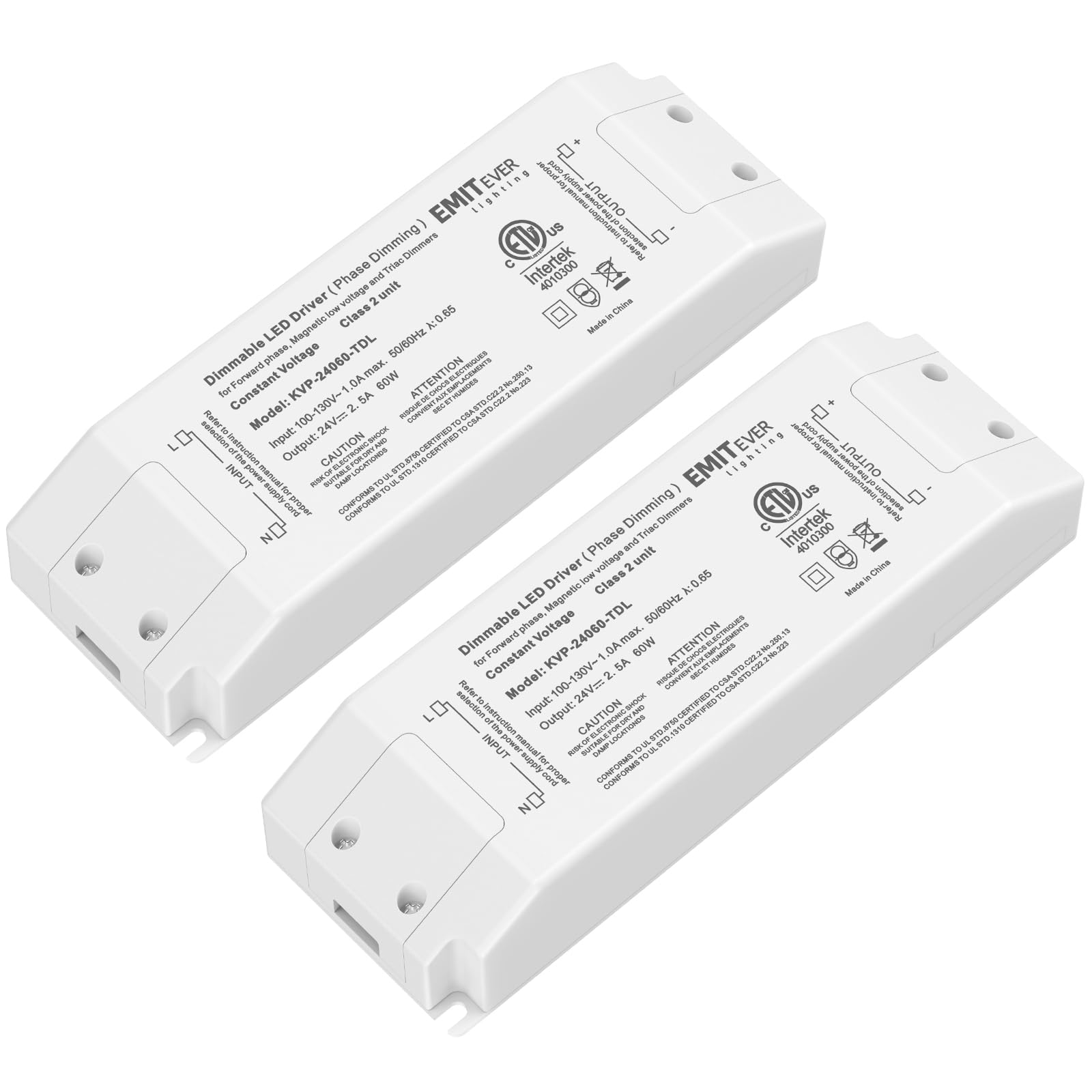 EMITEVER Triac Dimmable Driver,2 Packs 60W Power Supply,AC 120V to DC 24V Transformer,Compatible with Lutron and Leviton Dimmers,for LED Lighting,