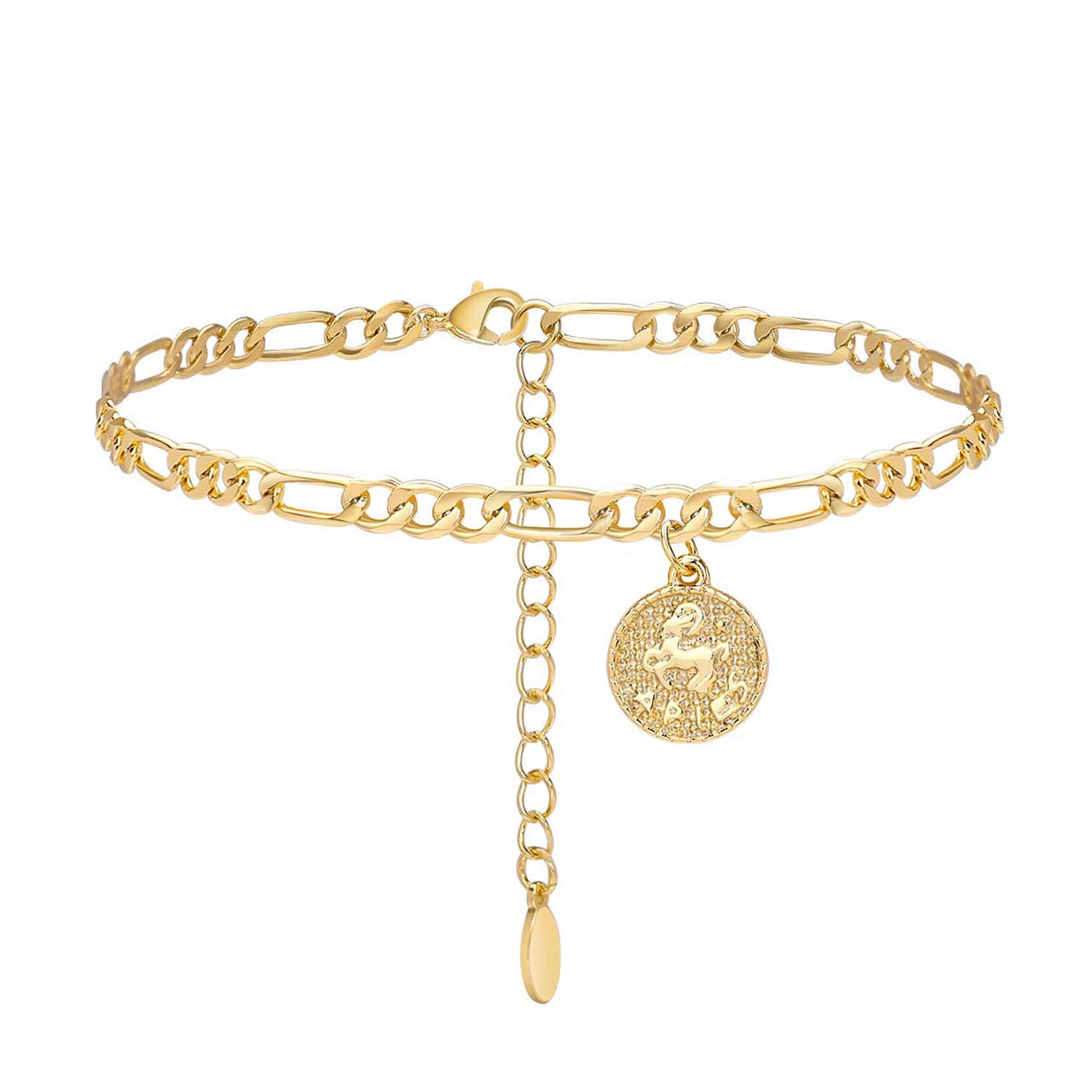 Dainty Zodiac Constelación cadena tobillera Signo del zodiaco Disco Aries Figaro Cadena Tobillera Pulsera de Oro Real de 14 K para Mujer