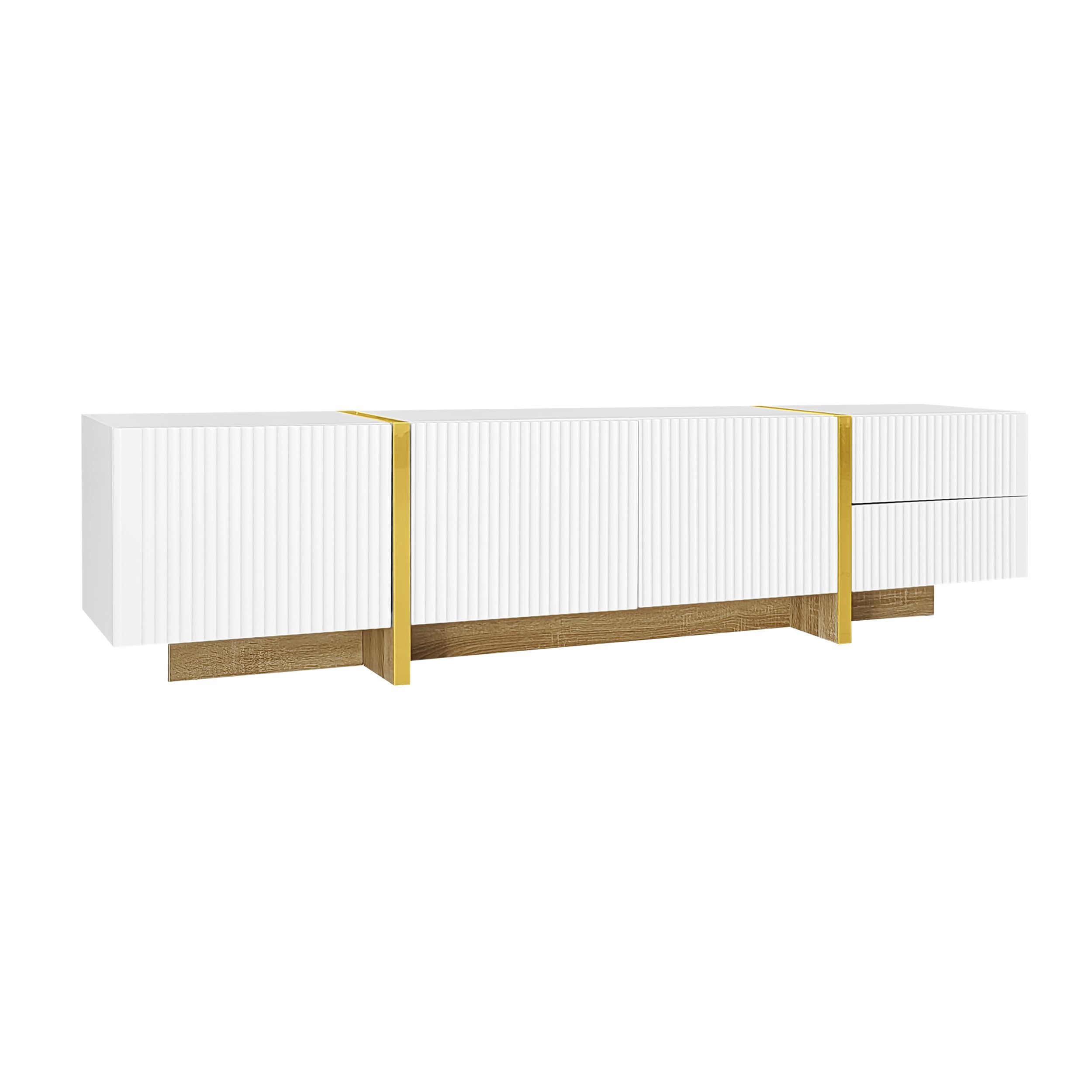 Mobile TV da 190 cm, 3 ante, 2 cassetti, bianco con venature dorate, nere e legno, 190 L x 35 L x 45 H cm (oro bianco)