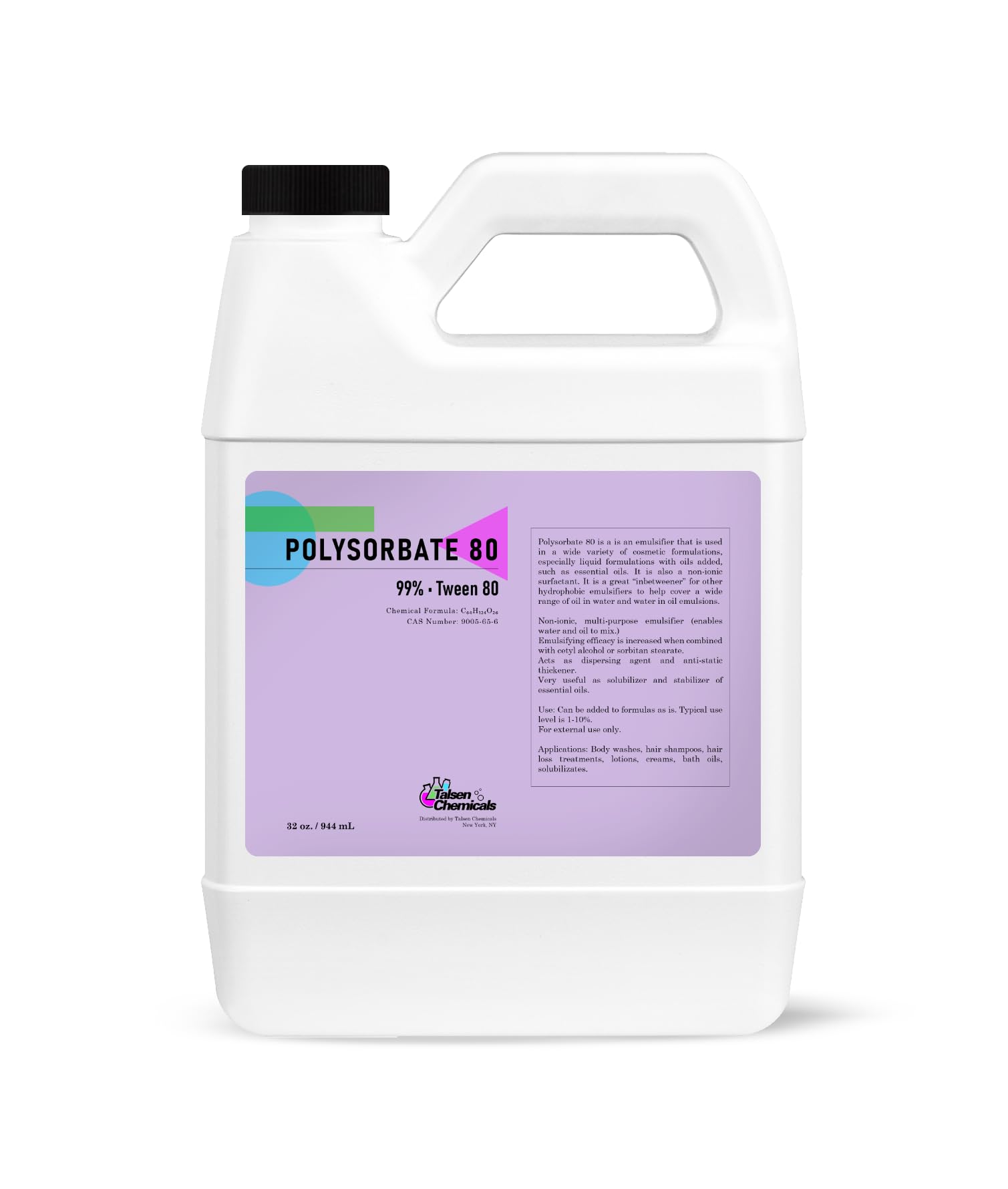 Polysorbate 80 Cosmetic Grade, by Talsen Chemicals (32 Ounce /946 mL) 100% Pure Polysorbate 80 for Bath Bombs Oil Soap Making Supplies Bath Body Tween