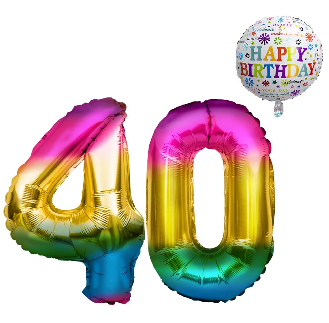 40th Birthday Balloon • XXL Giant Foil Balloon Set • 101 cm + 45 cm Balloon + 5 m Decorative Ribbon • Foil Balloon 40 • Suitable for Helium • Reusable • 40th Birthday Men Women • 40th Birthday