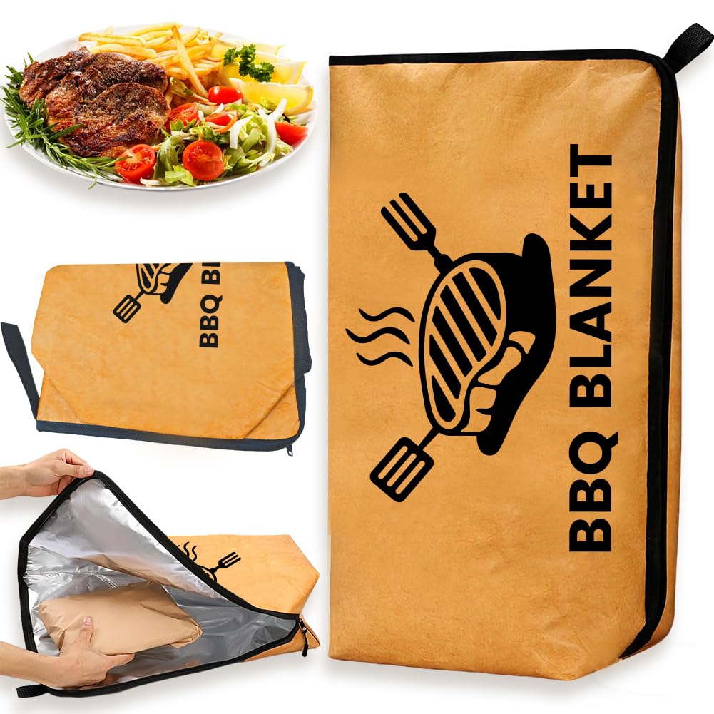 PRESSINART Insulated BBQ Bag Smoking Meat Blanket Food Words Pattern Plastic Fiber Double Handled Heat Insulation Bag for Brisket Turkey Pork Shoulder Steak Birthday Stocking Grilling Accessories