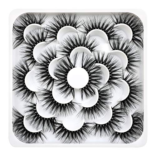 Pawotence 22mm Fluffy Cat Eye False Eyelashes Dramatic Long 6D Multilayered Faux Mink Lashes 10 Pairs Soft Reusable Handmade Cross Fake Eyelashes Pack