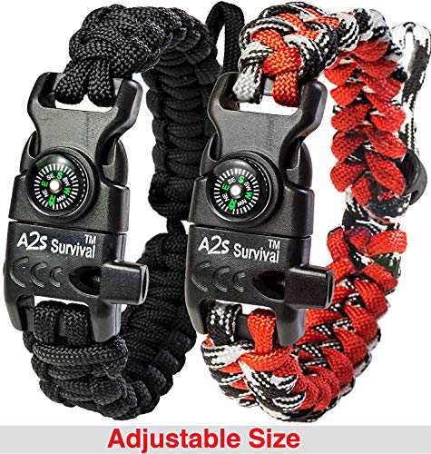 A2S Proteccion Paracord Pulsera K2-Peak - Juego de Equipo de Supervivencia con brújula integrada, Encendedor de Fuego, Cuchillo de Emergencia y Silbato (Negro / Rojo tamaño Ajustable)