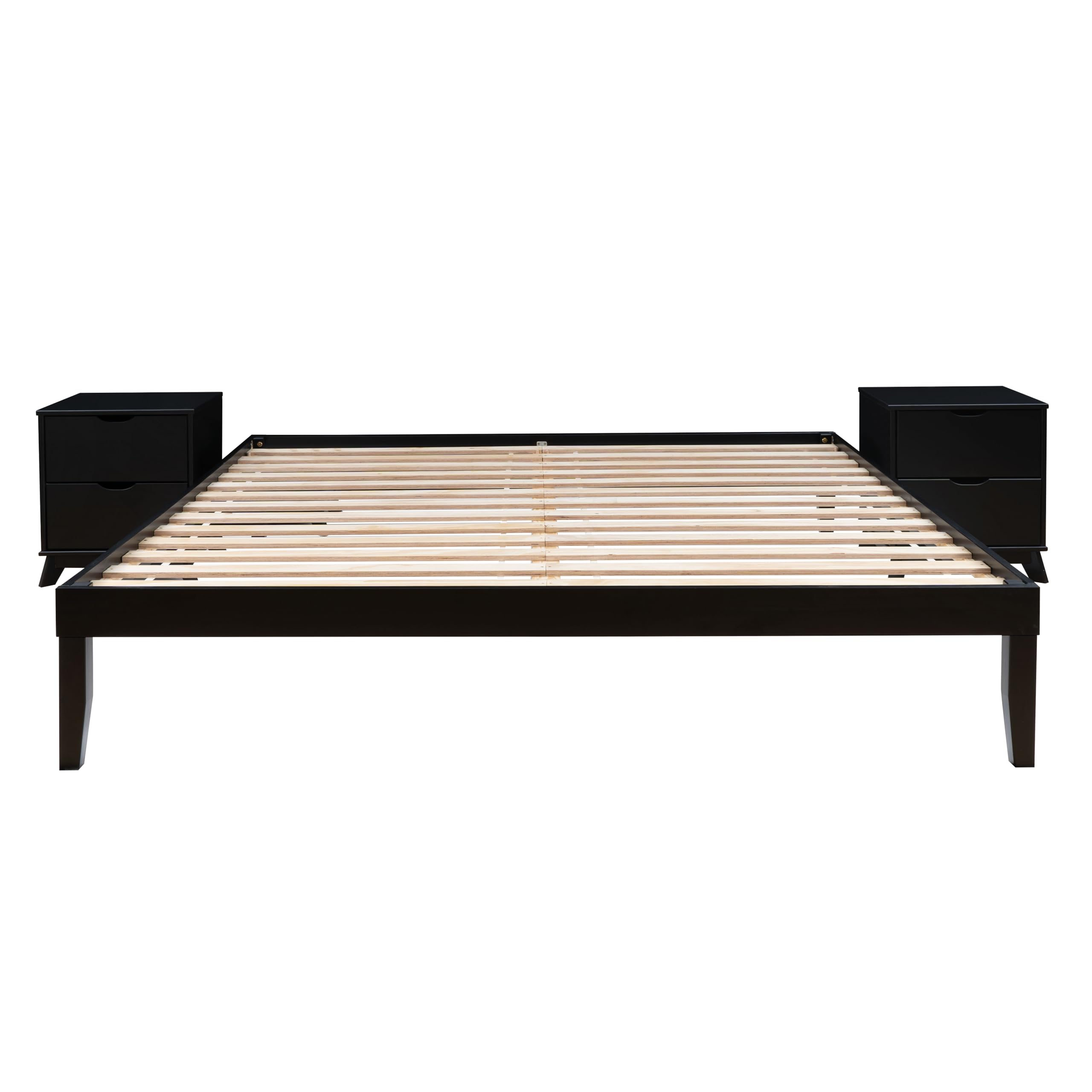 Powell Fordham Black Solid Pine Wood King Sized Platform Bed with Set of 2 Two Drawer Nightstands