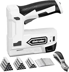Bielmeier Pistola de grampos elétrica, grampeador elétrico 2 em 1, kit de pregos sem fio de 4 V, pistola de pregos alimentada por bateria para estofamento, carpintaria, faça você mesmo com removedor