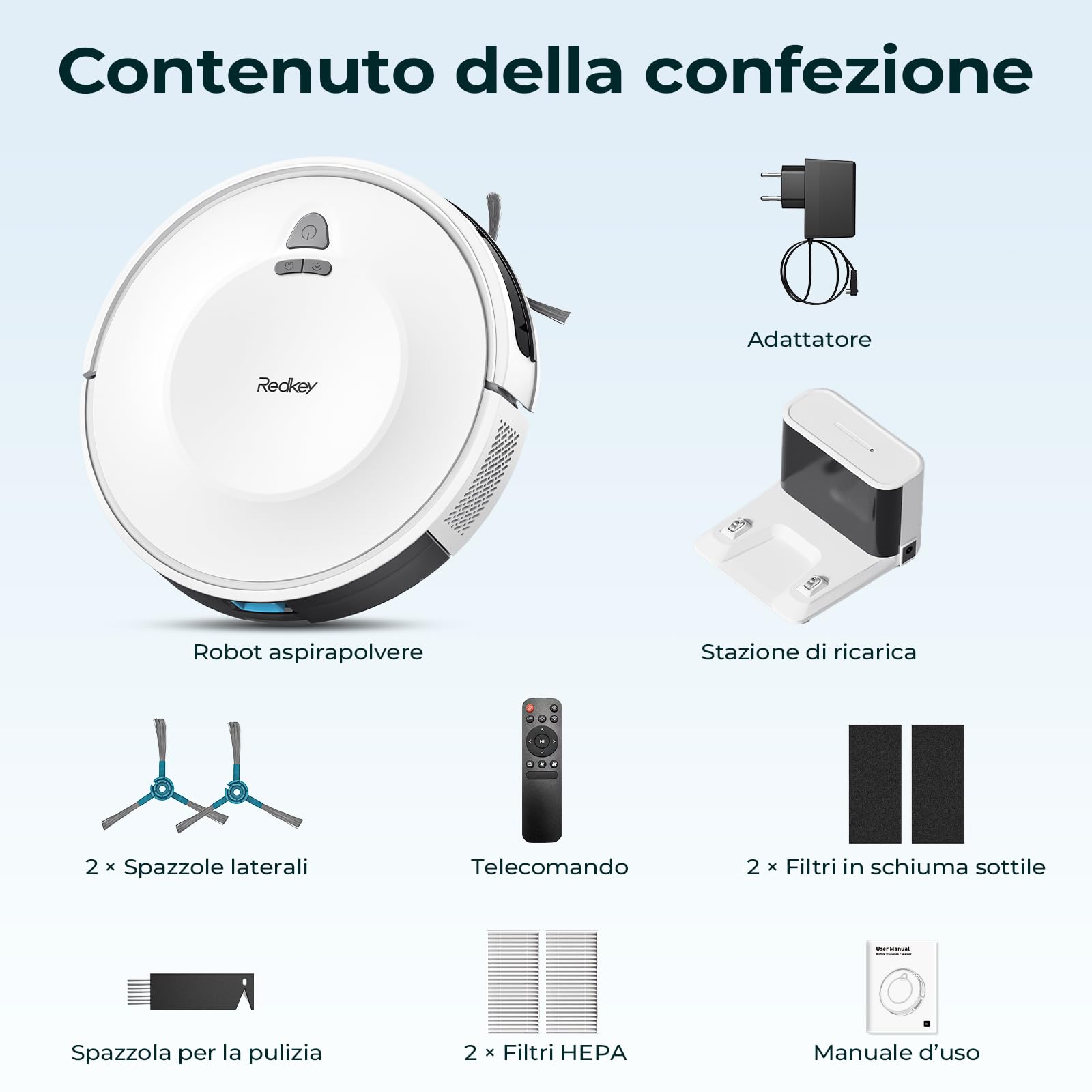 Redkey E6 Robot Aspirapolvere con 7000 Pa, Fino a 170 Min Autonomia, Navigazione Dinamica, Aspirapolvere Robot con Base di Ricarica, Telecomando e APP, Ideale per Peli Animali, Tappeti, Pavimenti Duri