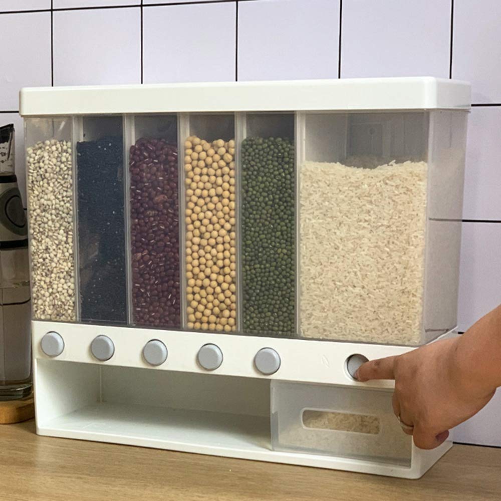 Distributeur de Riz et de CéRéAles Divisé Mural 10KG 6 Supports Automatiques en Plastique éTanche Une L'Humidité BoîTe de Rangement des Aliments ScelléE