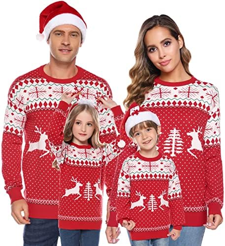Totatuit Ugly Christmas Family Matching Sweater Outfits for Holiday Party Knitted Pullover Jumper Red