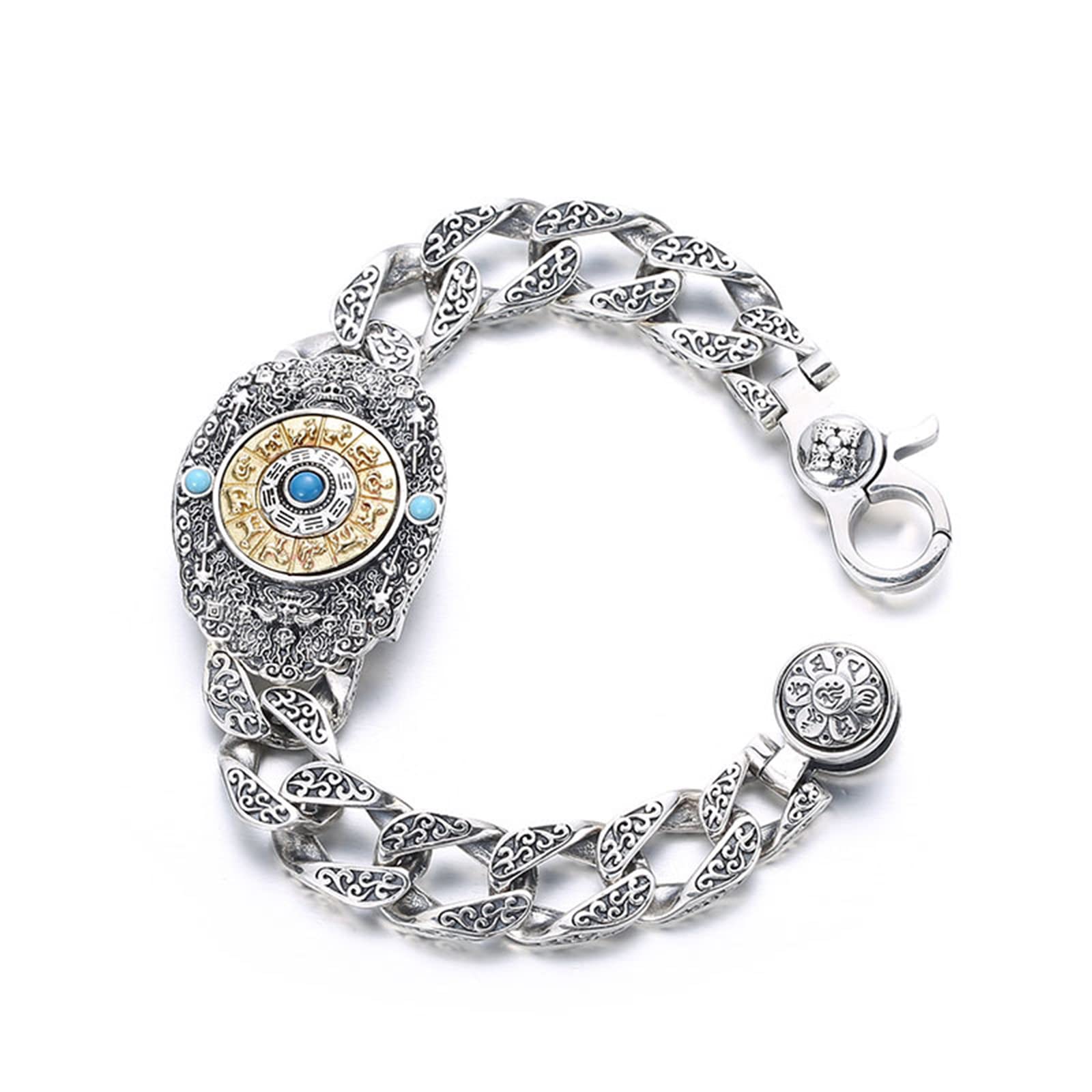 Brazalete taoísta Jiugong Bagua plata ley S925, brazalete plata ley vintage gótico para hombre, Plata, 20 cm