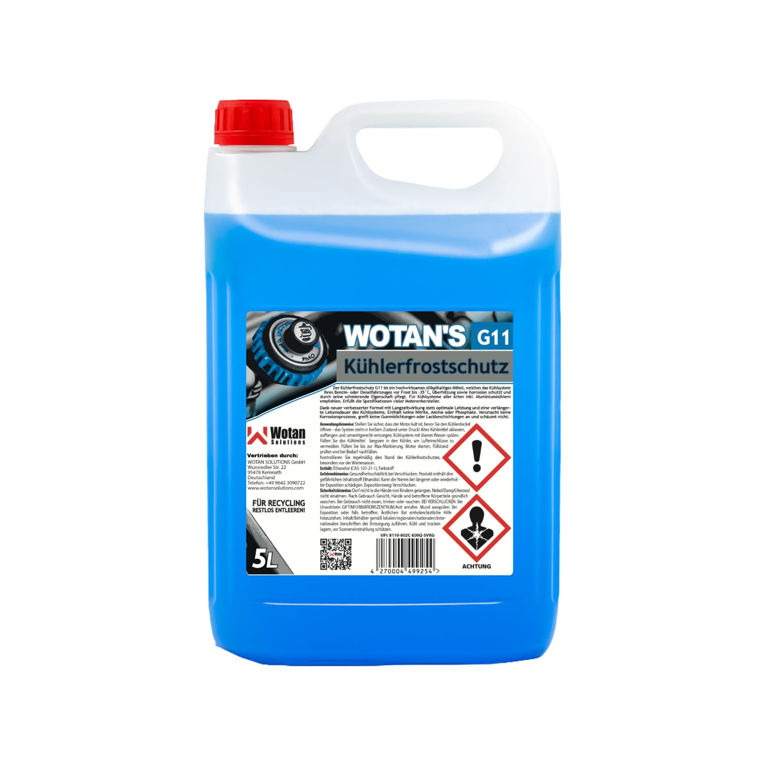 Wotan's 25L Kühlerfrostschutz G11 Gebrauchsfertig bis -35°C - Silikathaltiges Kühlmittel - Blau - Für Benzin & Diesel - Aluminiumverträglich (5x5L)
