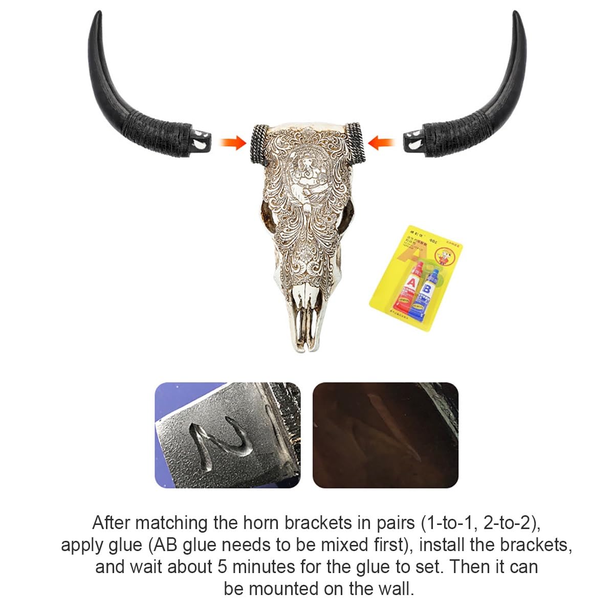 Cráneo de vaca sintética con cuernos largos, arte de resina para colgar en la pared, decoración de cabeza de taxidermia sintética, calaveras rústicas para bar, garaje o casa de campo
