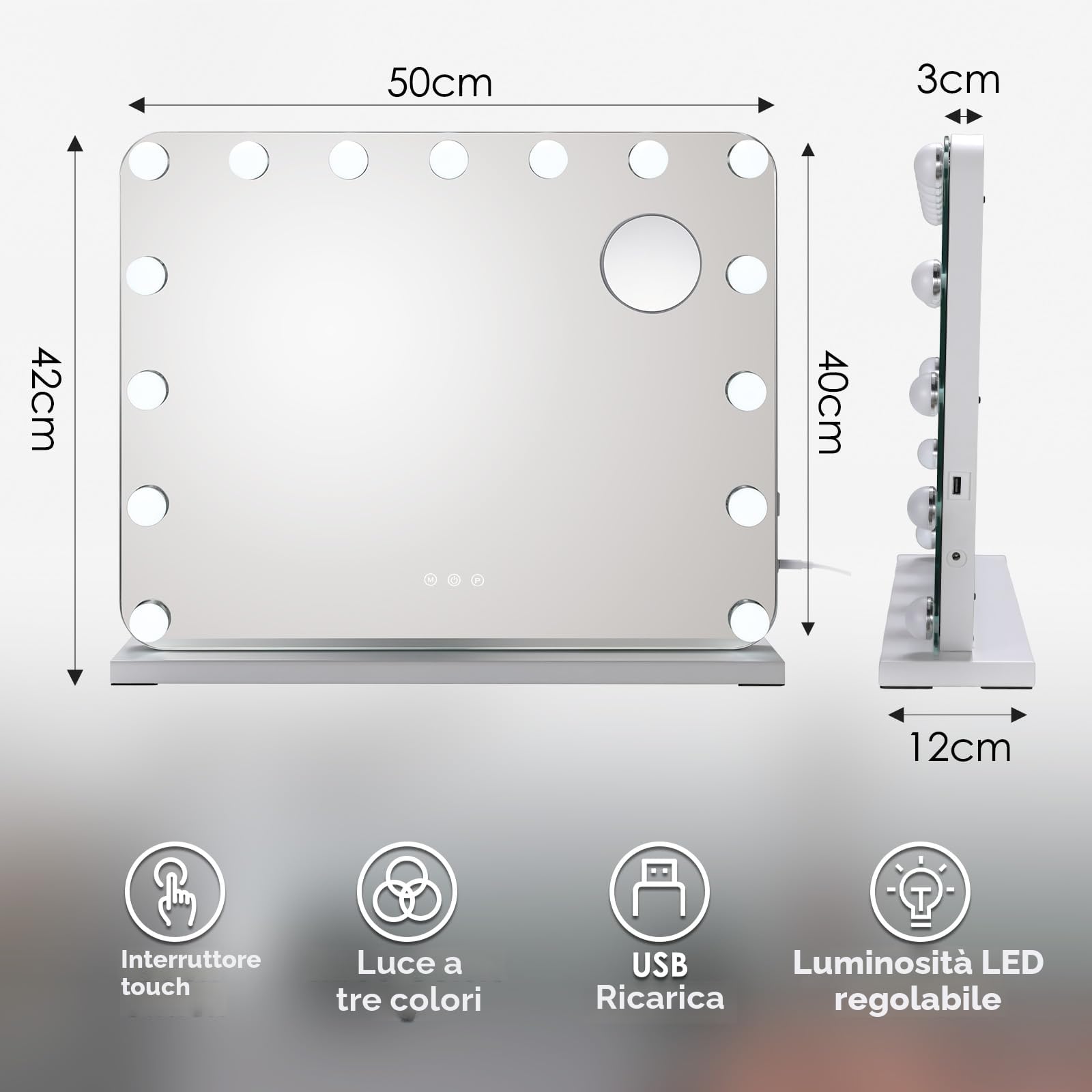 Hollywood Specchio Trucco con Luci,15 LED,50x40 cm,Specchio da parete,3 Temperature di Colore,Controllo touch e lente d'ingrandimento 10X,USB,Specchio da tavolo,specchio con luci make up,Bianco
