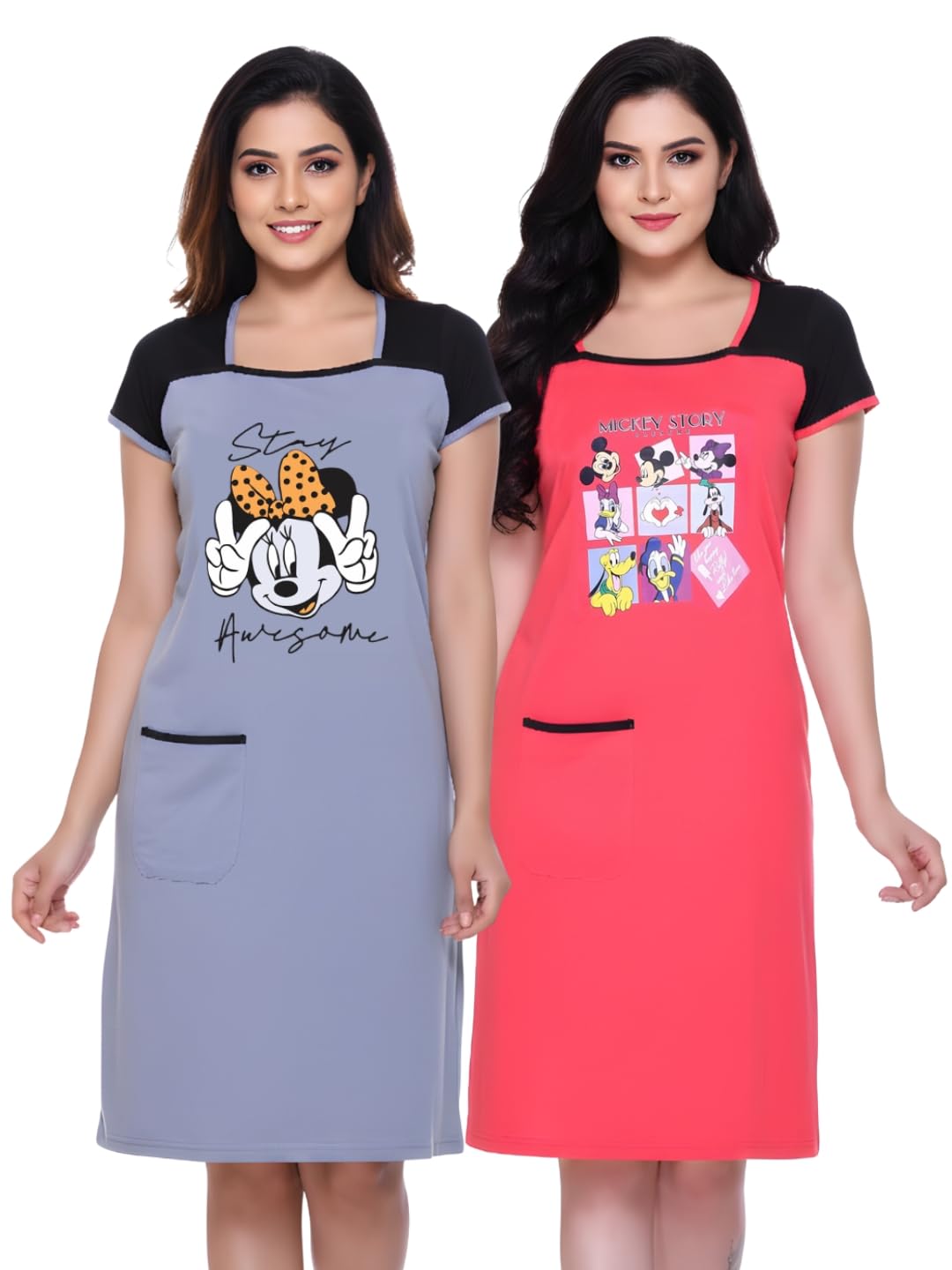 white moon Knee Length Nighty for Women Combo, Graphics Printed Cotton Night Dress with Pocket, 3/4th Nighty for Women (Pack of 2)-picture-11