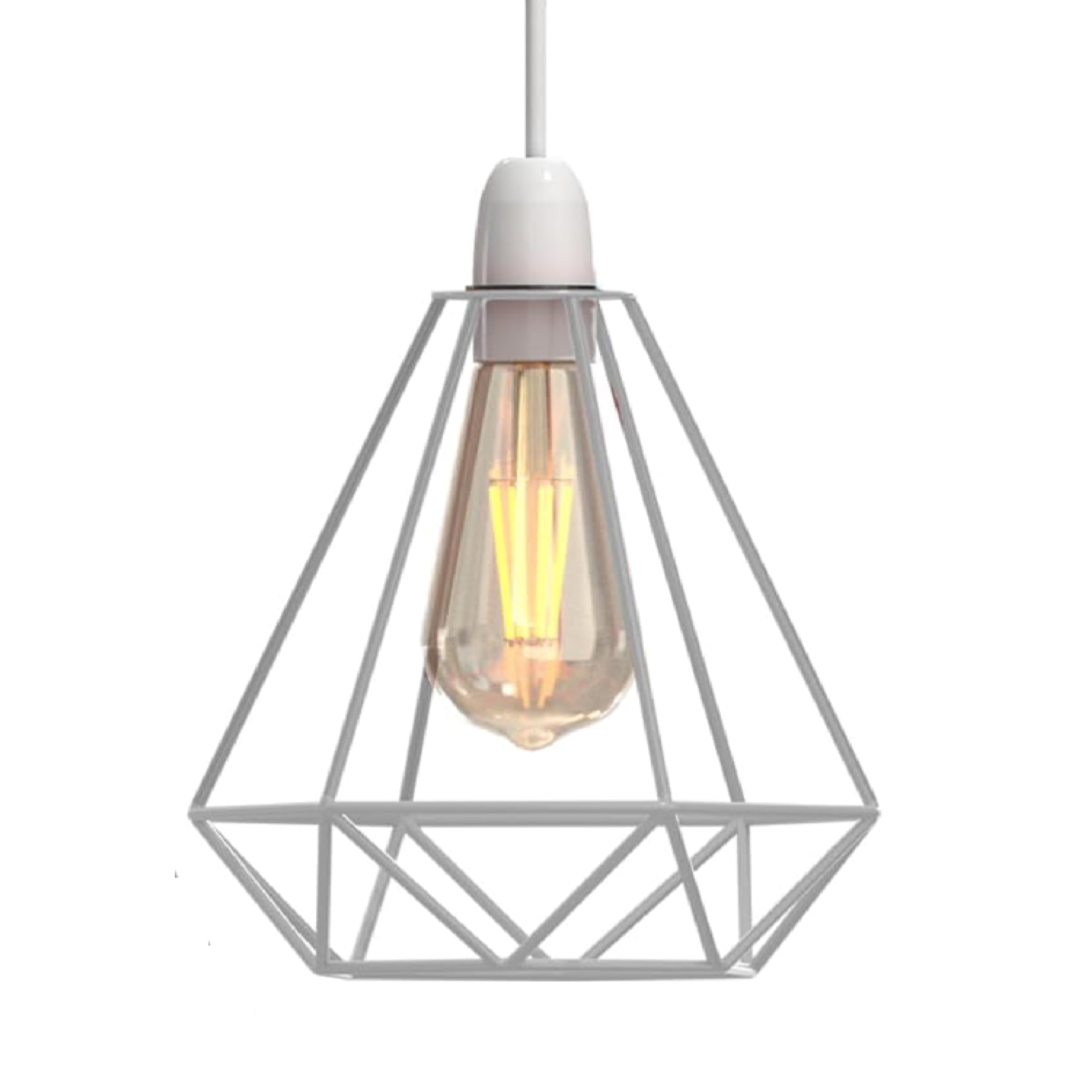 White Cage Metal Basket Ceiling Light Shade, Diamond Ceiling Fitting Light Shade & Industrial Style Ring Light for Indoor and Metal Basket Pendant Light Shade with lamp Shade Reducer Ring