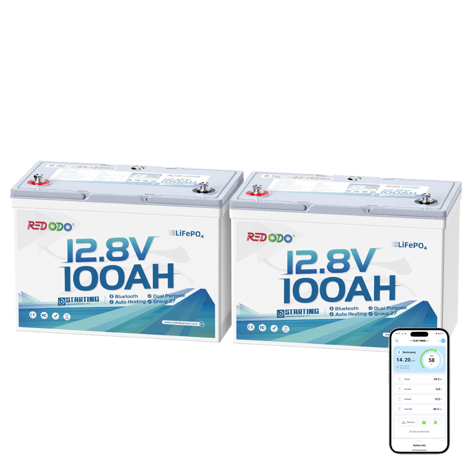 Redodo 12V 100Ah Bluetooth Dual-Purpose 900CCA Group27 Marine Battery Starting Battery with Heating Smart Power Retention-2 Pack