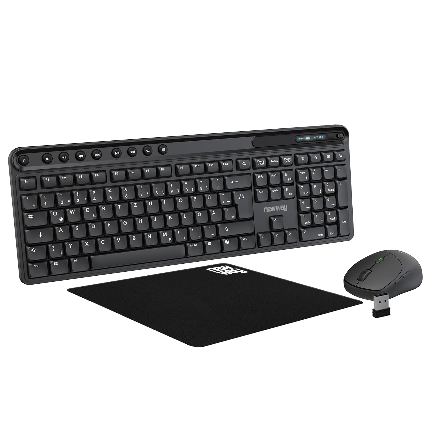 NEWWAY NKMP252 – Kabellose Tastatur Maus Set 2,4 GHz – QWERTZ Deutsch – Leise Tasten, 14 Multimedia-Tasten, Leichte Ergonomische 6-Tasten-Maus, Mauspad Inklusive, Lange Batterielaufzeit (Schwarz)