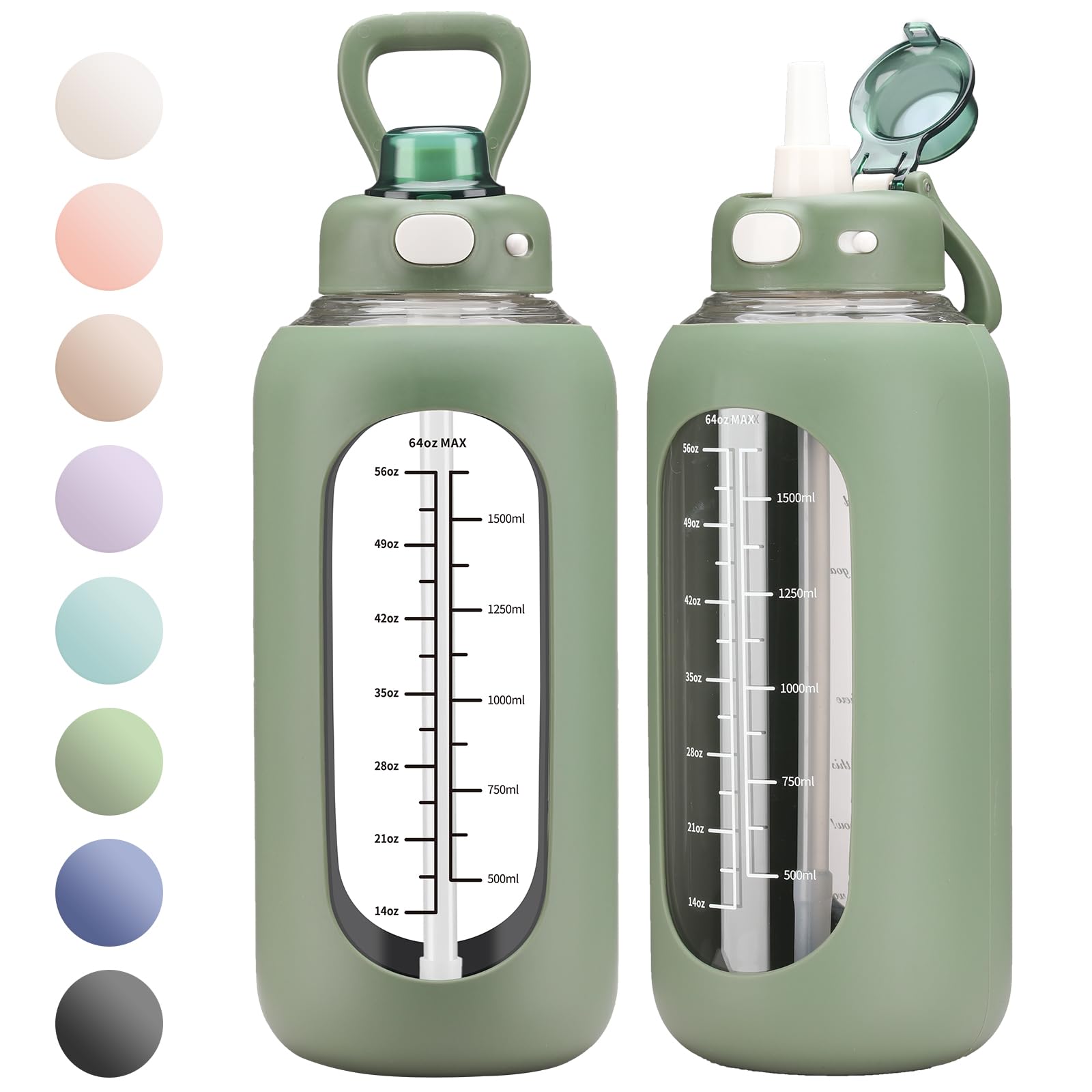 SIEROZUR 64 oz Glass Water Bottle in Olive