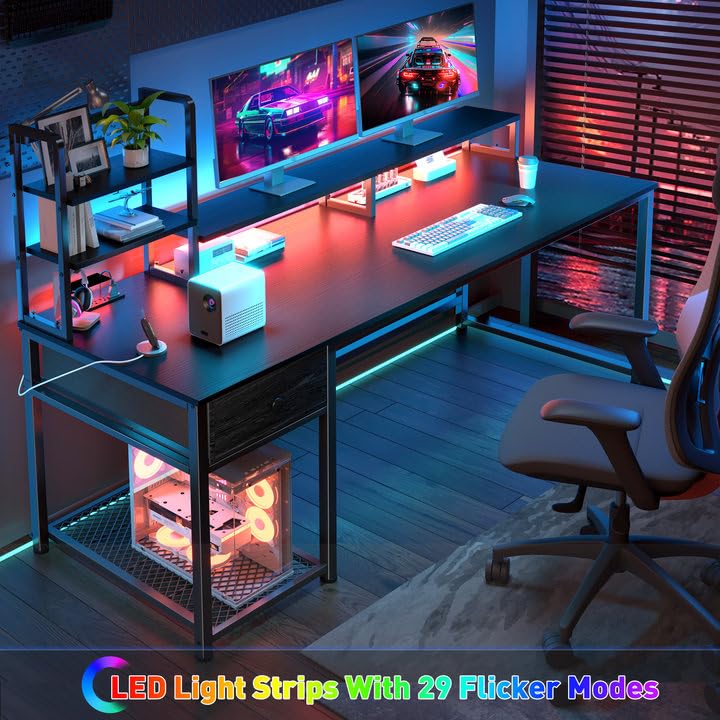 Image of EnHomee 55 Inch Gaming Desk with Hutch and Drawers,Reversible Computer Desk with Monitor Shelf,Home Office Desks with USB Power Outlets and Storage,Pc Work Desk for Office with LED Lights,Black