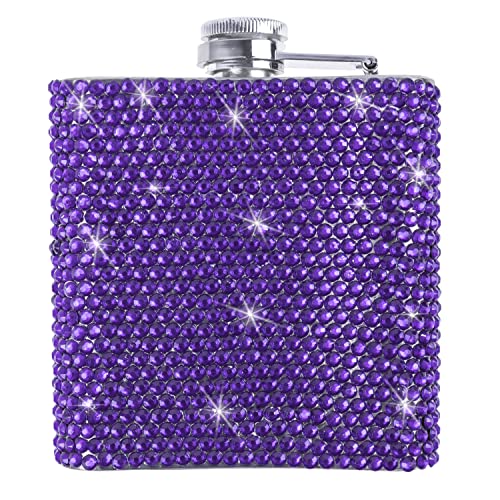 Fashion Shot 6Oz Crystal Hip Flask,Exclusive 304 Stainless Steel Rhinestone Liquor Bottle,Portable Purple Blingbling Wine Flask For Women(Purple) #TOP3