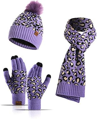Women 3 Pieces Winter Knitting Hat Set Leopard Hat Scarf Gloves Beanie with Pompom