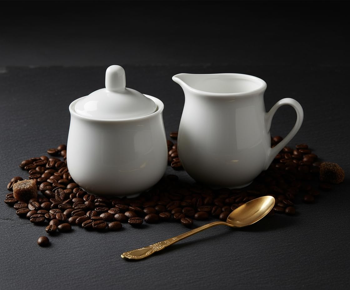 Provance Juego de 3 piezas de porcelana para leche y azúcar con tapa, jarra de leche, azucarero, recipiente para leche y azúcar, utensilios de cocina, mesa cubierta