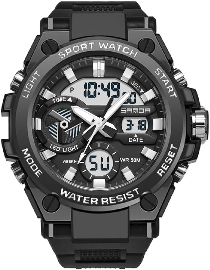 KXAITO Men's Watches Sports Outdoor Waterproof Military Watch Date Multi Function Tactics LED Face Alarm Stopwatch for Men (3311 Black Grey), 3311 Black Grey, Large